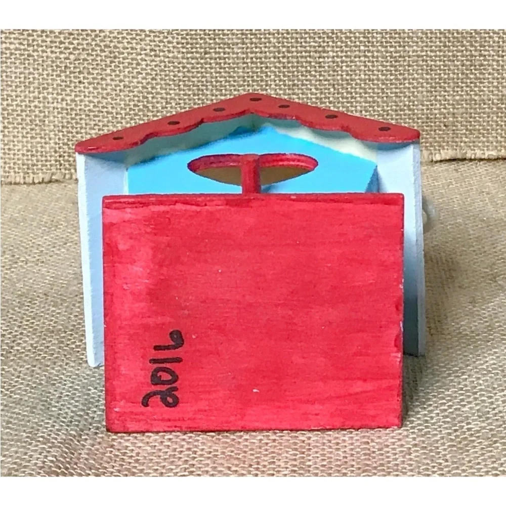 Blue Red Heart Miniature Wood Birdhouse Ornament Handmade Whimsical Cottage Core